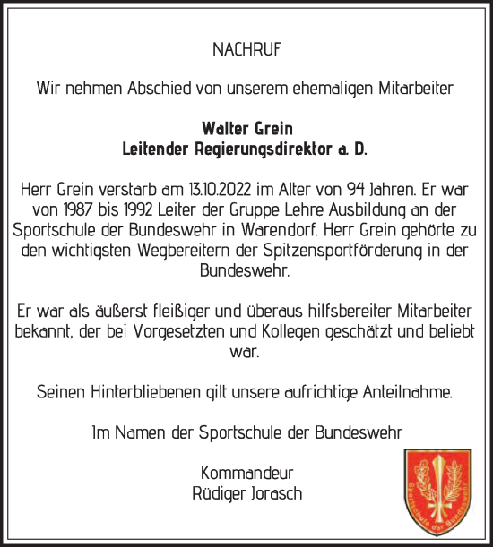 Traueranzeige von Walter Grein von Die Glocke