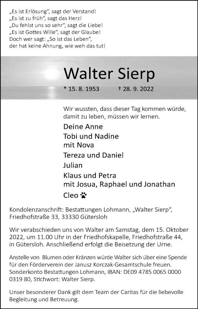  Traueranzeige für Walter Sierp vom 01.10.2022 aus Die Glocke