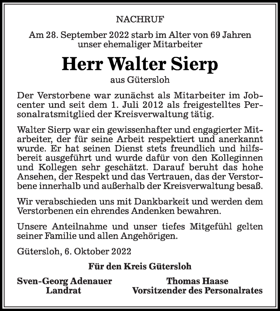  Traueranzeige für Walter Sierp vom 08.10.2022 aus Die Glocke