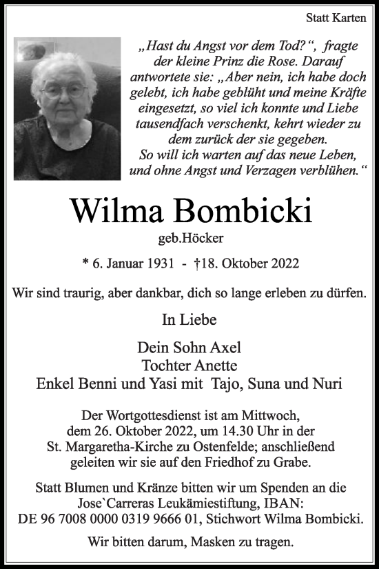 Traueranzeige von Wilma Bombicki von Die Glocke