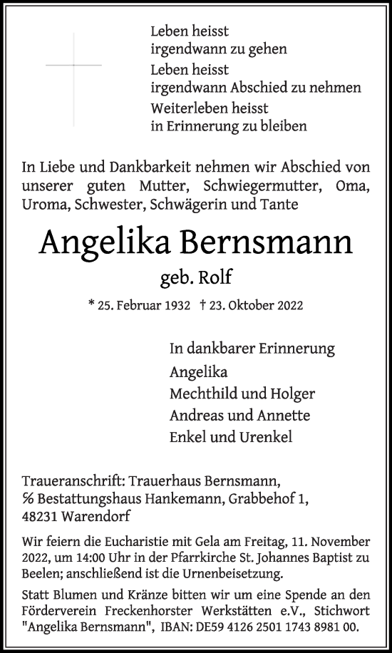 Traueranzeige von Angelika Bernsmann von Die Glocke