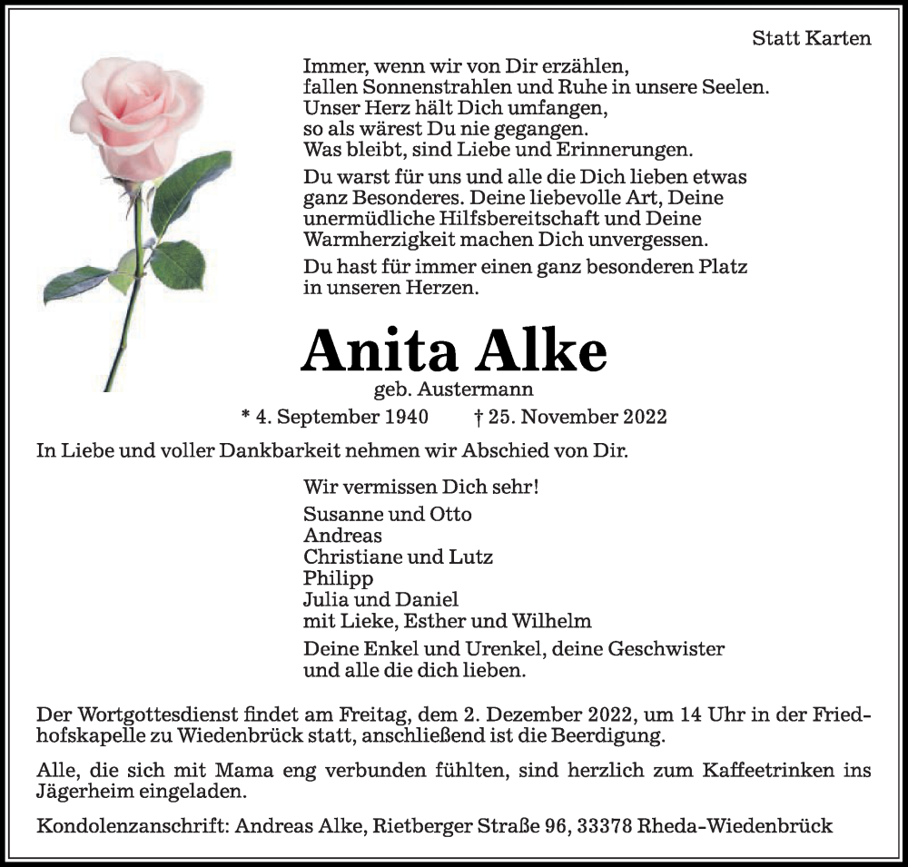  Traueranzeige für Anita Alke vom 30.11.2022 aus Die Glocke