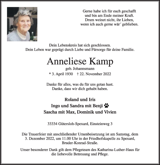 Traueranzeige von Anneliese Kamp von Die Glocke