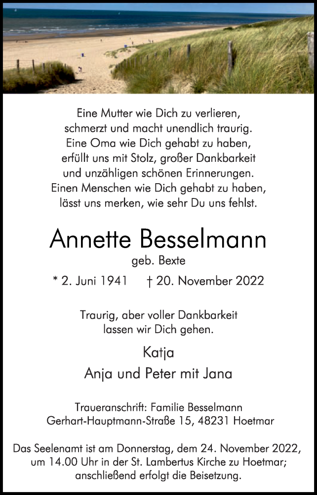  Traueranzeige für Annette Besselmann vom 22.11.2022 aus Die Glocke