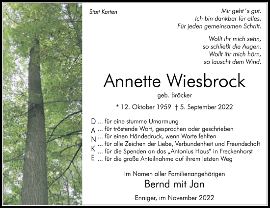 Traueranzeige von Annette Wiesbrock von Die Glocke