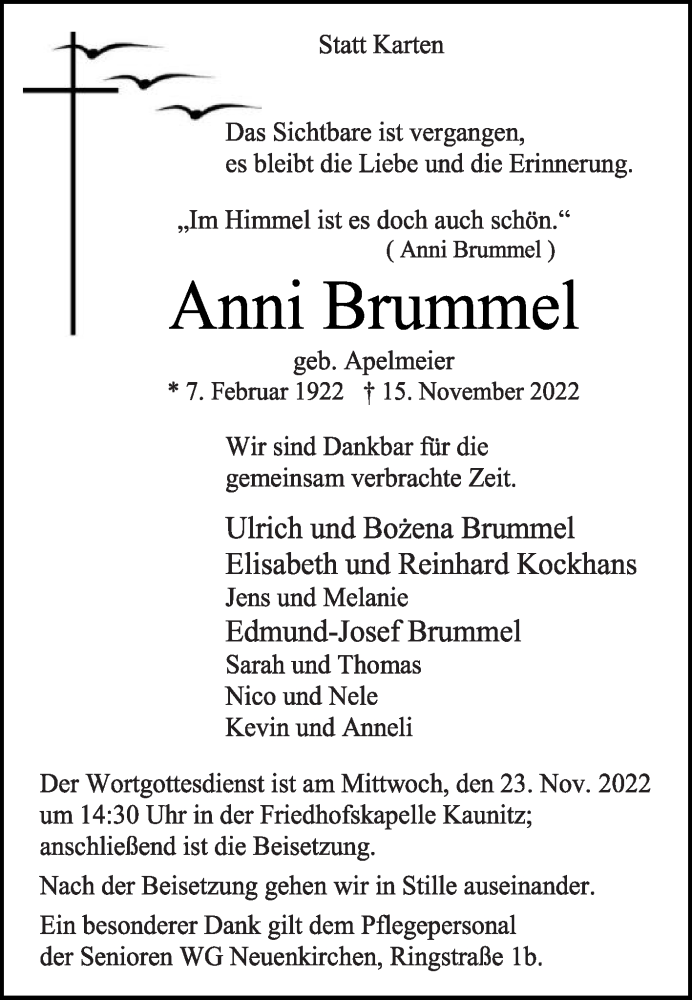  Traueranzeige für Anni Brummel vom 19.11.2022 aus Die Glocke