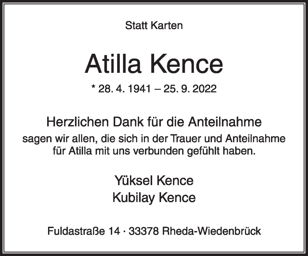  Traueranzeige für Atilla Kence vom 05.11.2022 aus Die Glocke