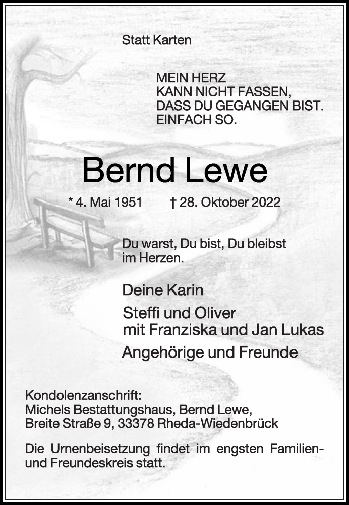  Traueranzeige für Bernd Lewe vom 03.11.2022 aus Die Glocke