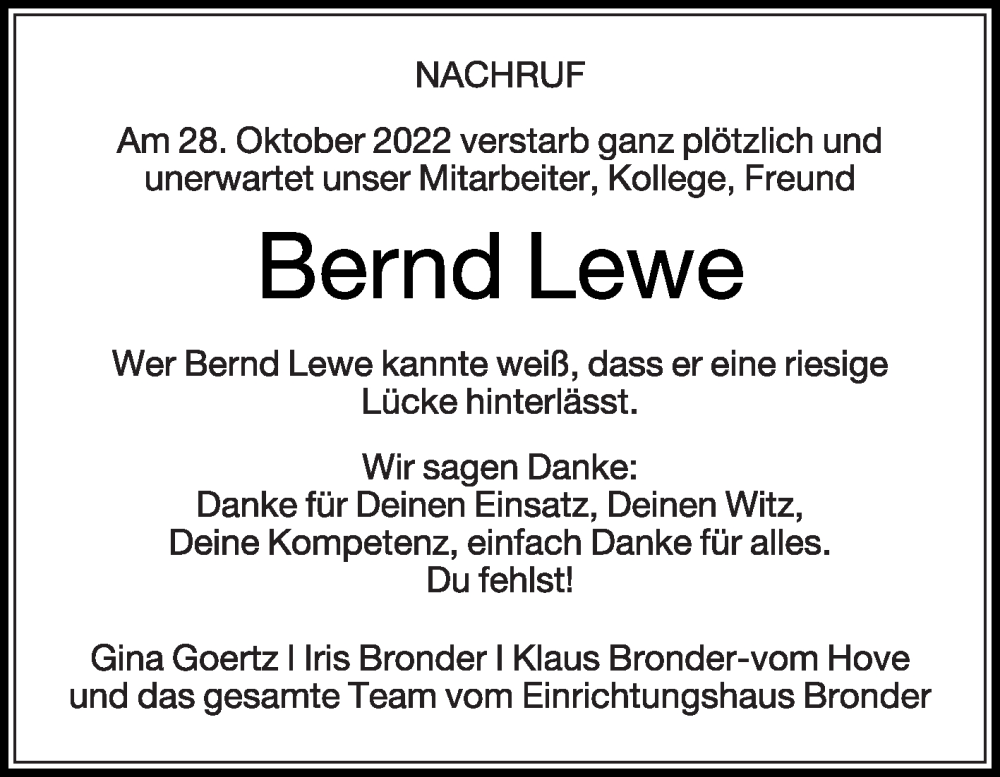  Traueranzeige für Bernd Lewe vom 22.11.2022 aus Die Glocke