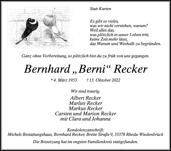 Traueranzeige von Bernhard Recker von Die Glocke