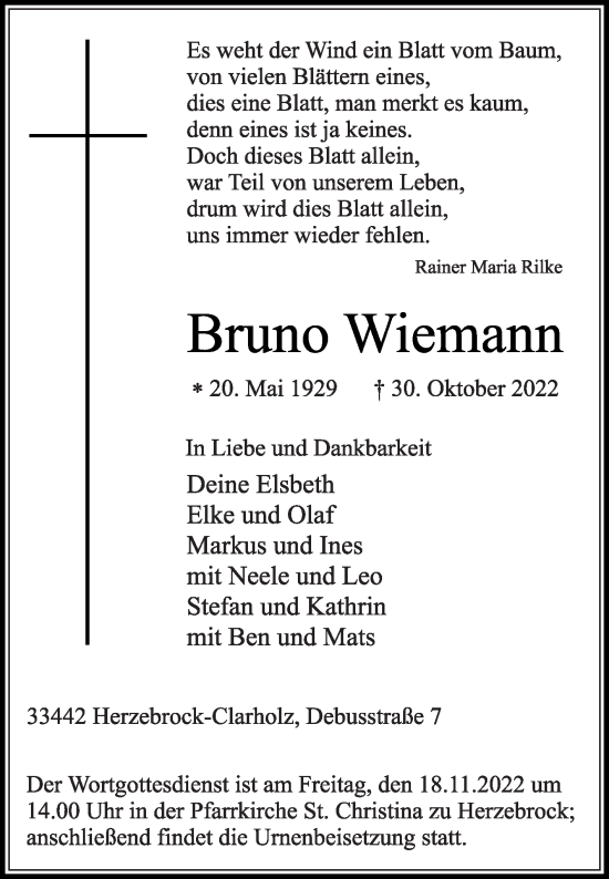 Traueranzeige von Bruno Wiemann von Die Glocke