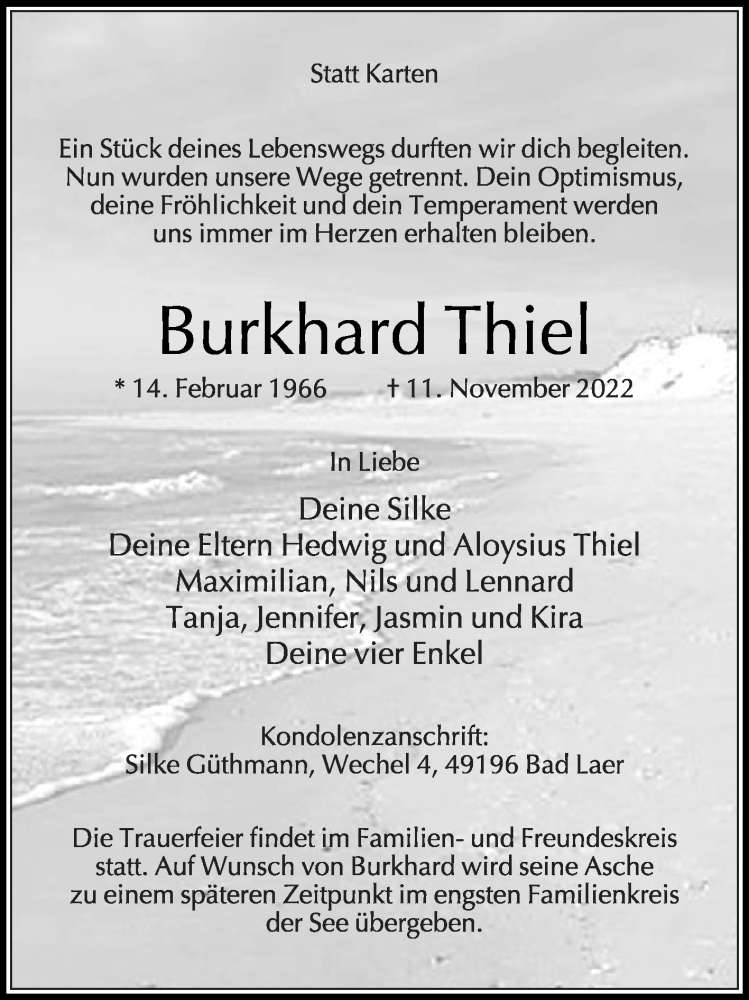  Traueranzeige für Burkhard Thiel vom 19.11.2022 aus Die Glocke