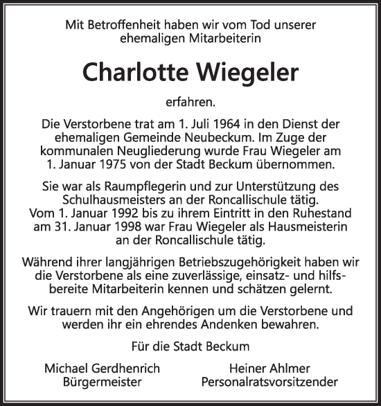 Traueranzeige von Charlotte Wiegeler von Die Glocke