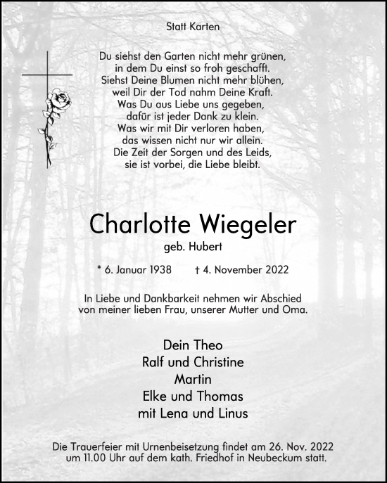 Traueranzeige von Charlotte Wiegeler von Die Glocke