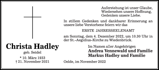 Traueranzeige von Christa Hadley von Die Glocke