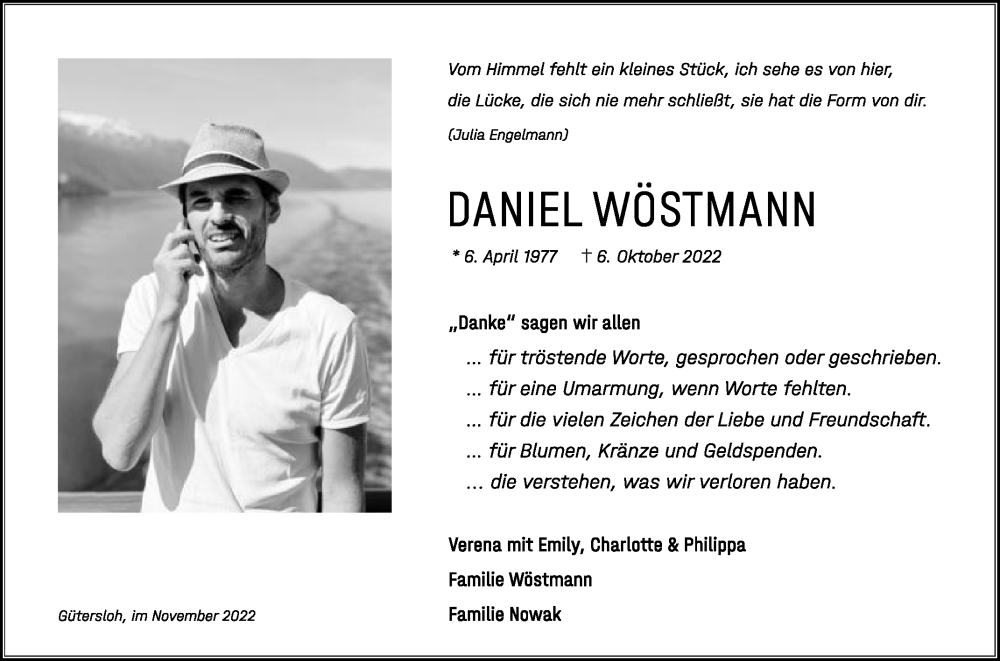  Traueranzeige für Daniel Wöstmann vom 05.11.2022 aus Die Glocke