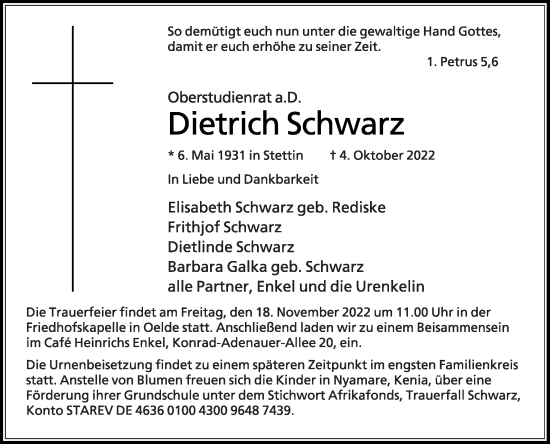 Traueranzeige von Dietrich Schwarz von Die Glocke