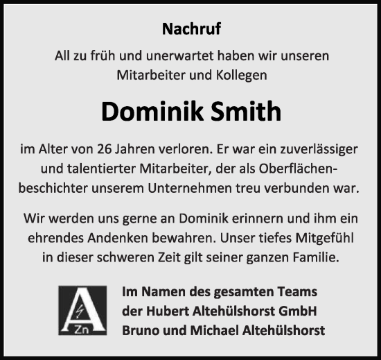 Traueranzeige von Dominik Smith von Die Glocke