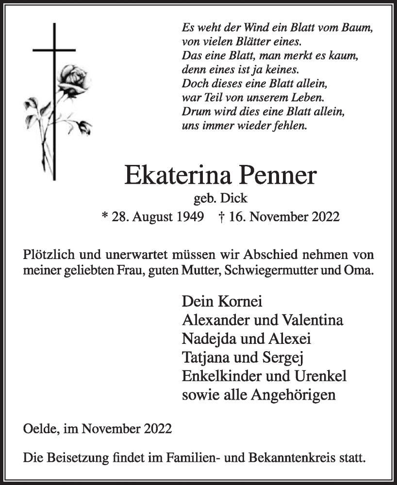  Traueranzeige für Ekaterina Penner vom 19.11.2022 aus Die Glocke