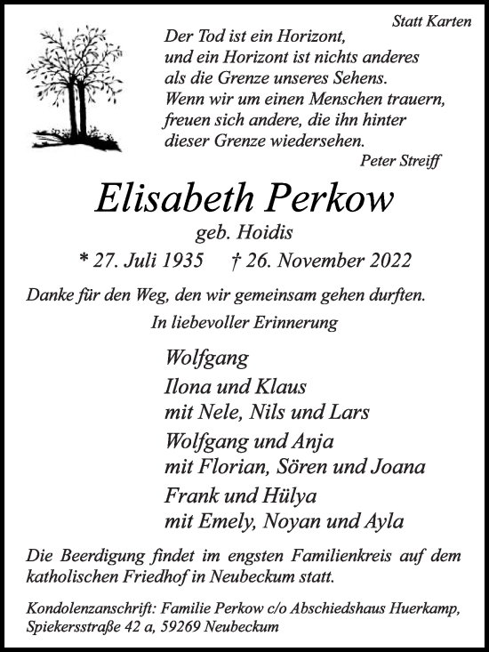 Traueranzeige von Elisabeth Perkow von Die Glocke