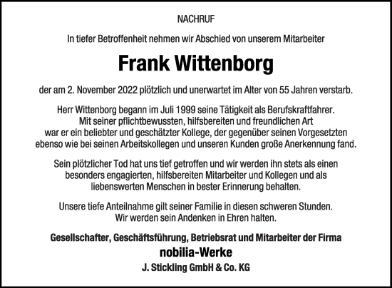 Traueranzeige von Frank Wittenborg von Die Glocke