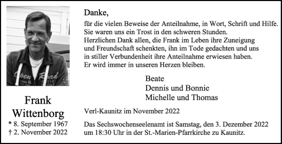 Traueranzeige von Frank Wittenborg von Die Glocke