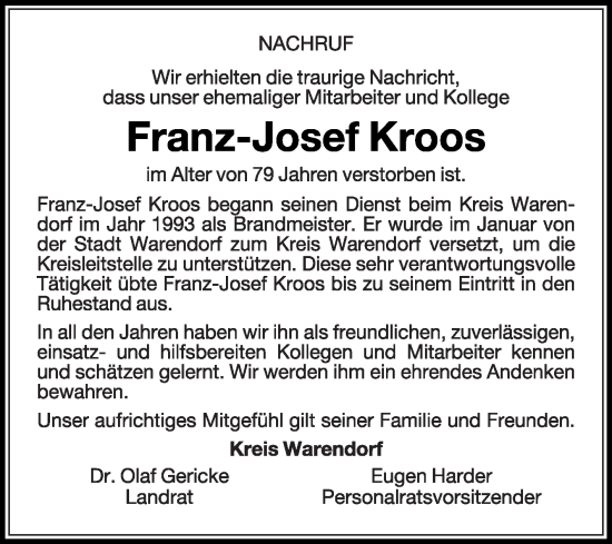 Traueranzeige von Franz-Josef Kroos von Die Glocke