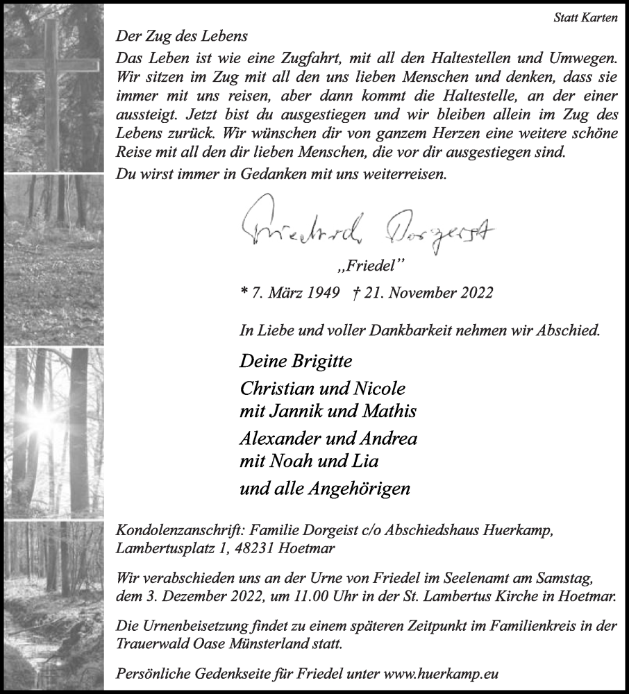  Traueranzeige für Friedrich Dorgerst vom 26.11.2022 aus Die Glocke