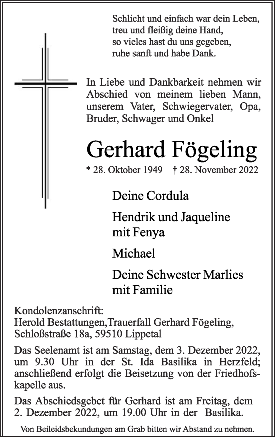 Traueranzeige von Gerhard Fögeling von Die Glocke