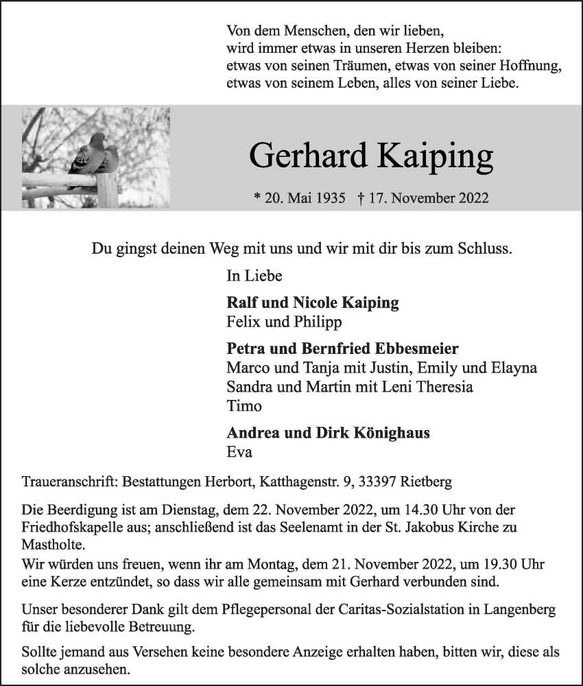  Traueranzeige für Gerhard Kaiping vom 19.11.2022 aus Die Glocke