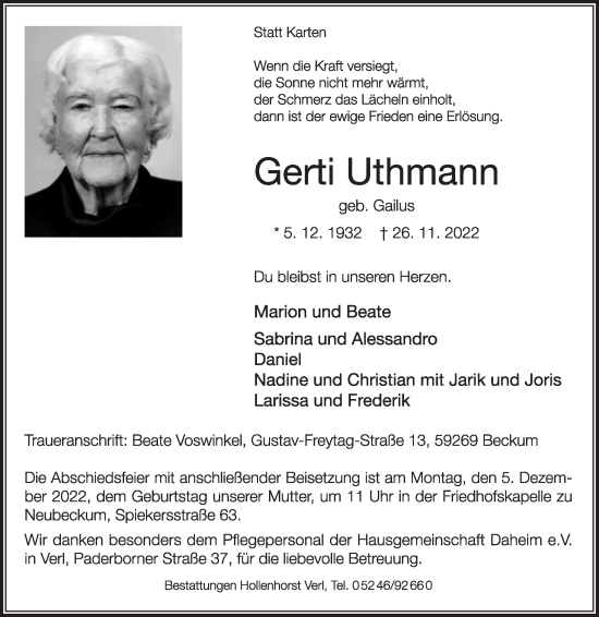 Traueranzeige von Gerti Uthmann von Die Glocke