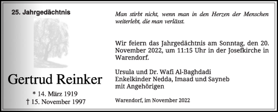 Traueranzeige von Gertrud Reinker von Die Glocke
