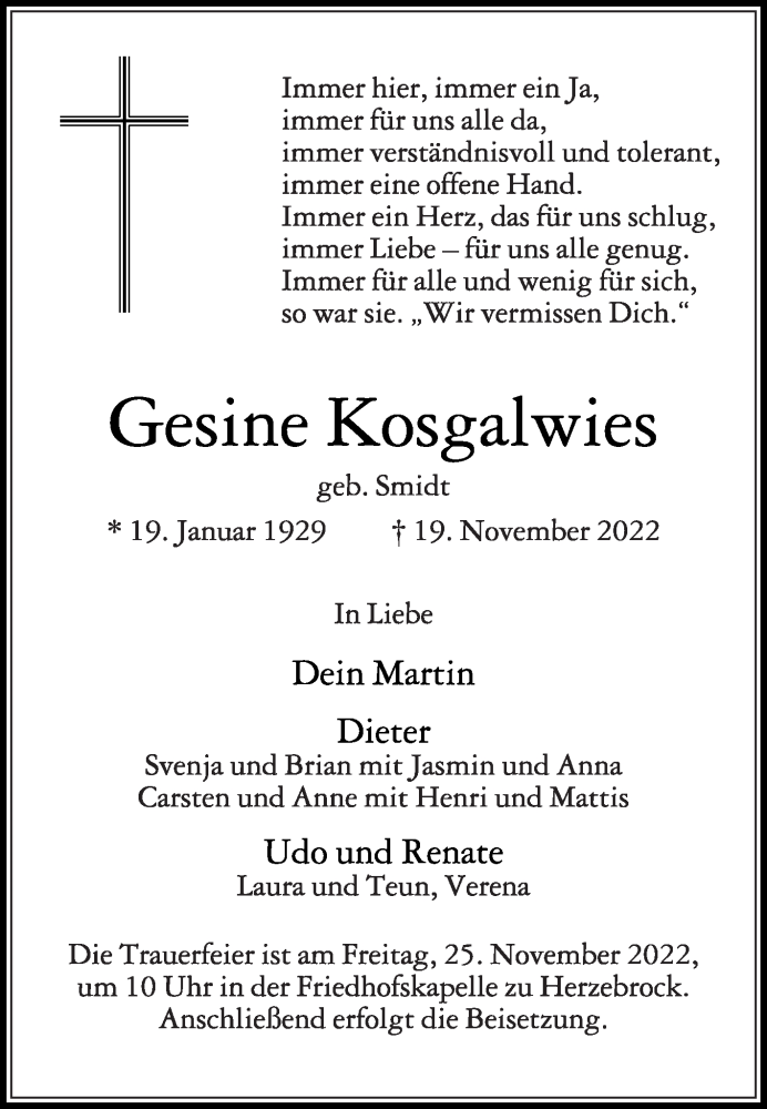  Traueranzeige für Gesine Kosgalwies vom 22.11.2022 aus Die Glocke