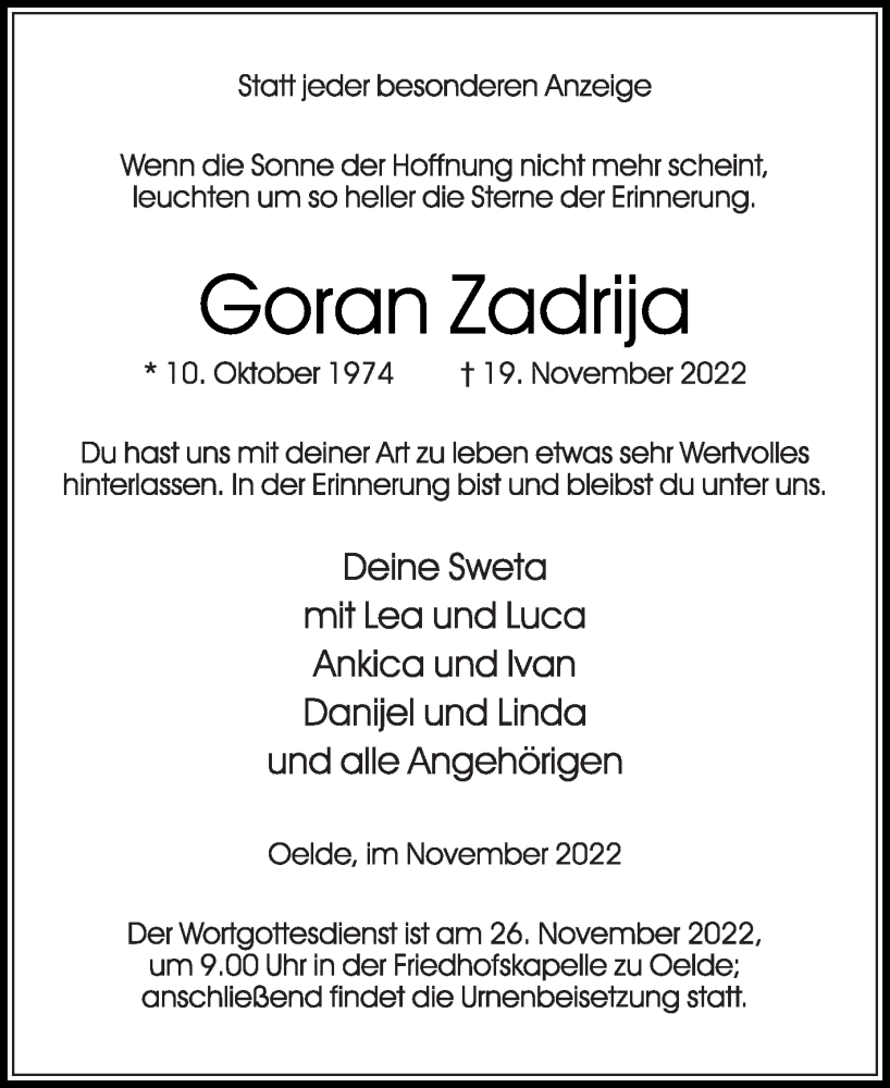  Traueranzeige für Goran Zadrija vom 23.11.2022 aus Die Glocke