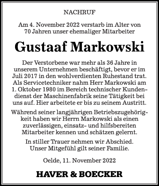 Traueranzeige von Gustaaf Markowski von Die Glocke