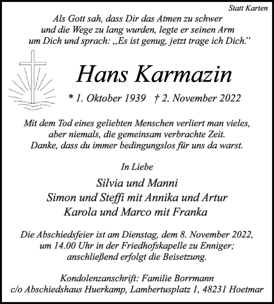 Traueranzeige von Hans Karmazin von Die Glocke