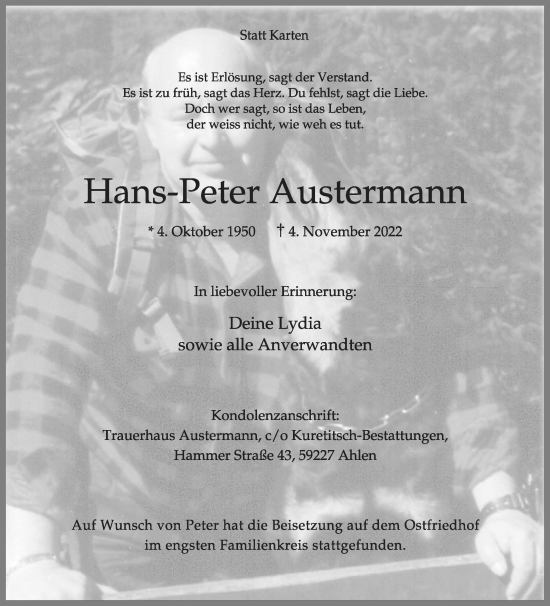 Traueranzeige von Hans-Peter Austermann von Die Glocke