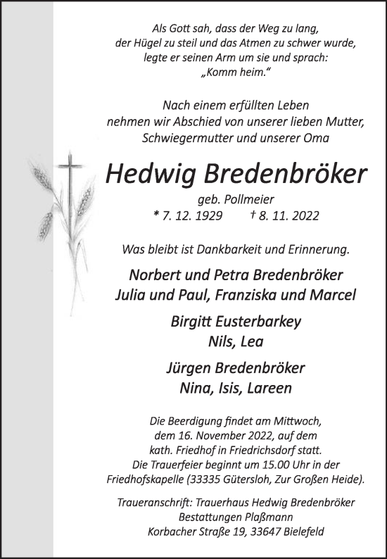 Traueranzeige von Hedwig Bredenbröker von Die Glocke