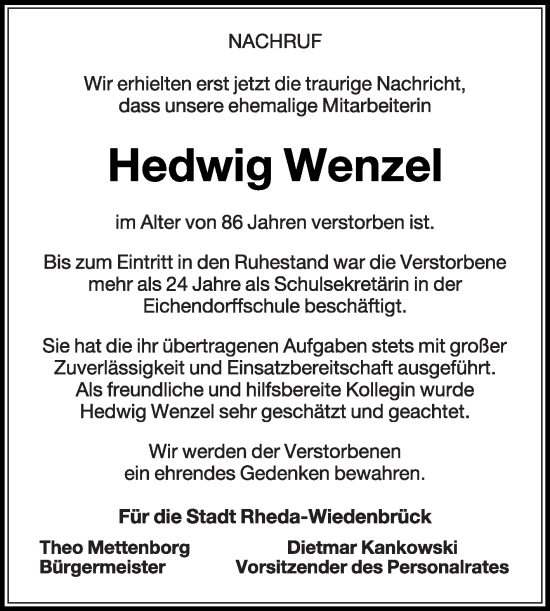 Traueranzeige von Hedwig Wenzel von Die Glocke
