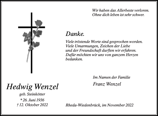 Traueranzeige von Hedwig Wenzel von Die Glocke