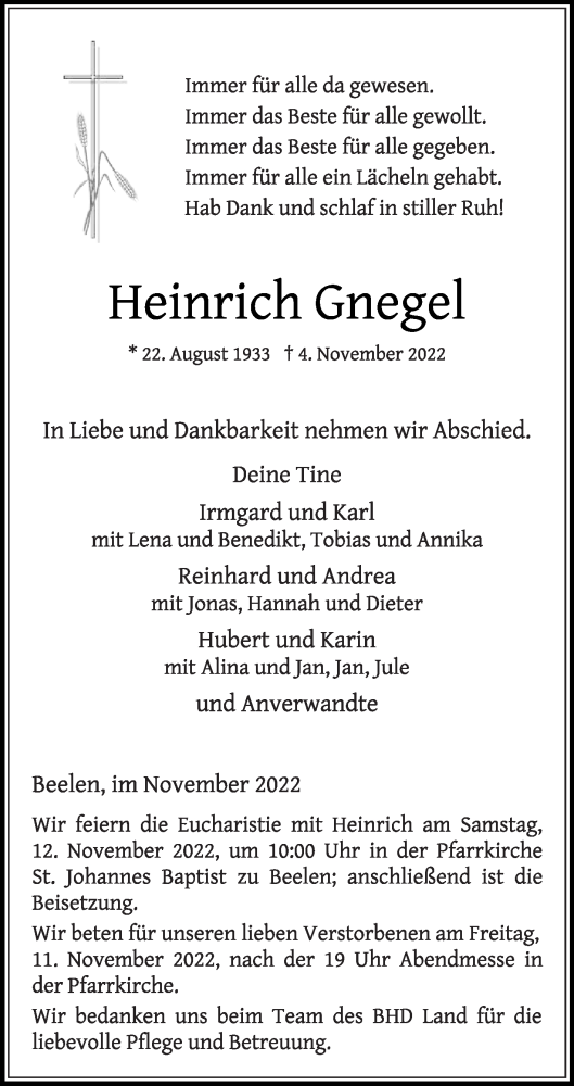 Traueranzeige von Heinrich Gnegel von Die Glocke