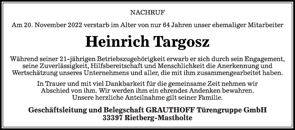  Traueranzeige für Heinrich Targosz vom 26.11.2022 aus Die Glocke