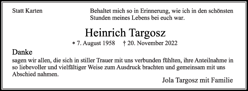  Traueranzeige für Heinrich Targosz vom 30.11.2022 aus Die Glocke