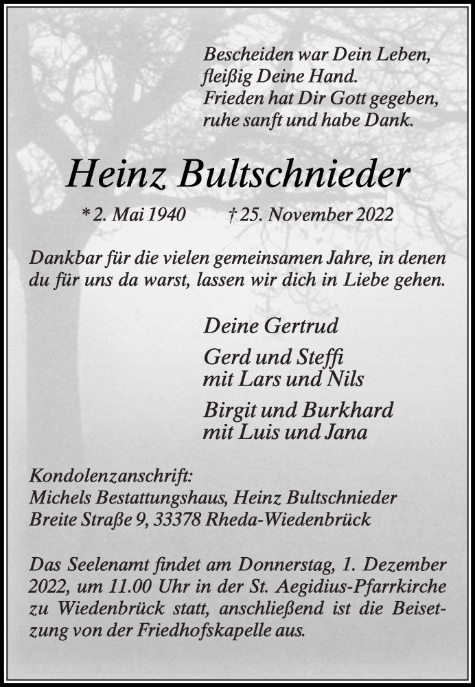  Traueranzeige für Heinz Bultschnieder vom 29.11.2022 aus Die Glocke