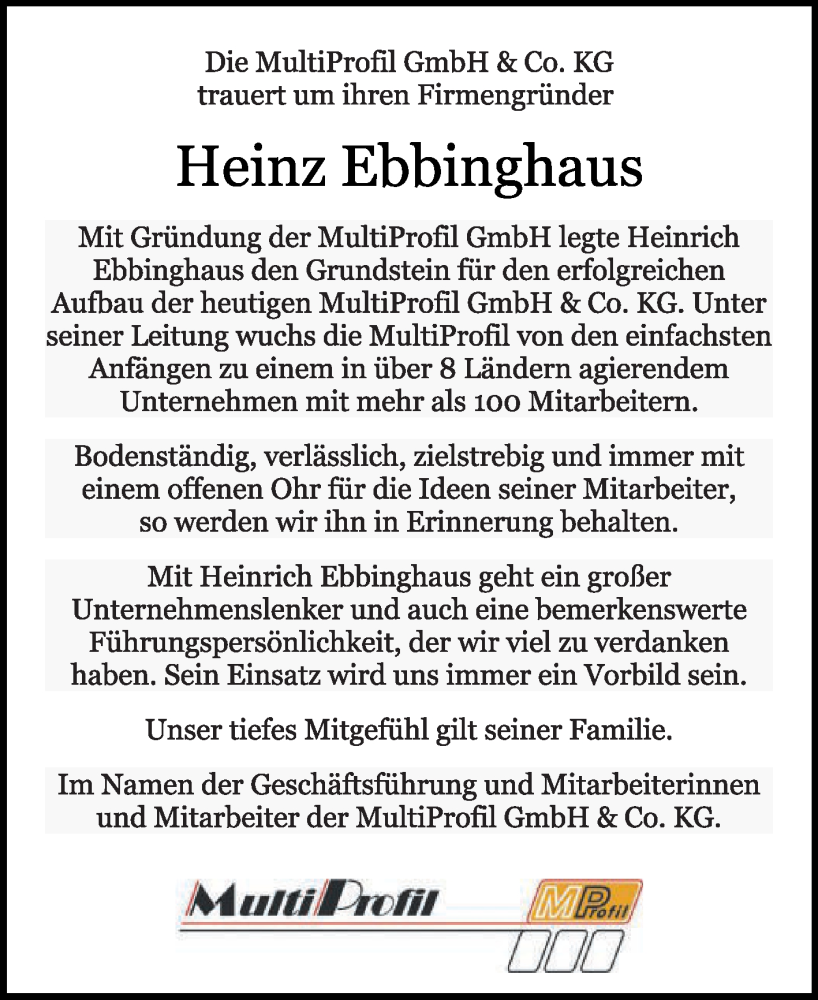  Traueranzeige für Heinz Ebbinghaus vom 23.11.2022 aus Die Glocke