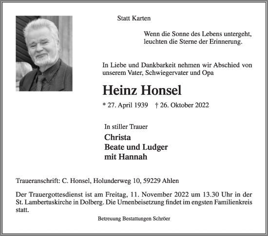 Traueranzeige von Heinz Honsel von Die Glocke