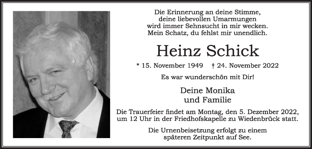  Traueranzeige für Heinz Schick vom 30.11.2022 aus Die Glocke