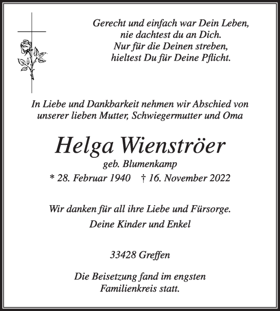 Traueranzeige von Helga Wienströer von Die Glocke