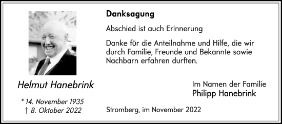 Traueranzeige von Helmut Hanebrink von Die Glocke