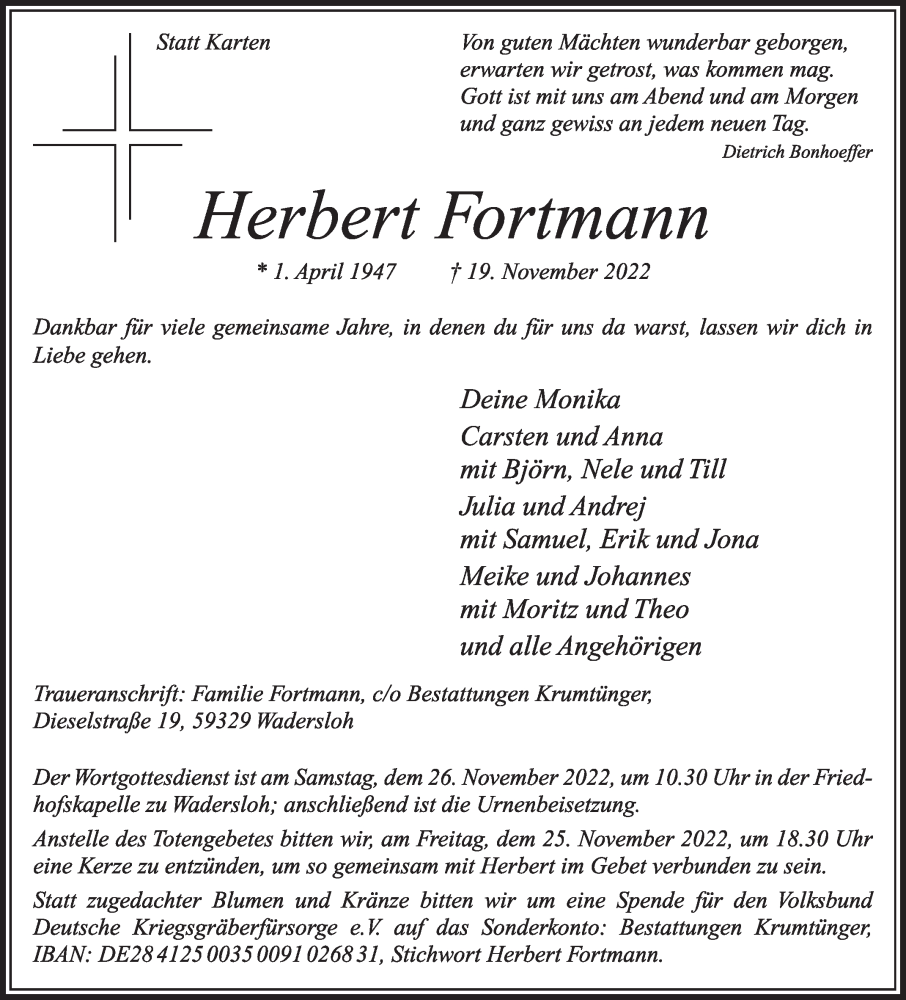  Traueranzeige für Herbert Fortmann vom 23.11.2022 aus Die Glocke